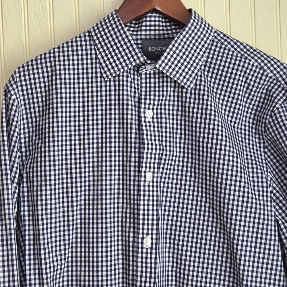 Bonobos Dress‎ Shirt Mens 16.5 34/35 Blue Gingham Classic Fit Wrinkle Free